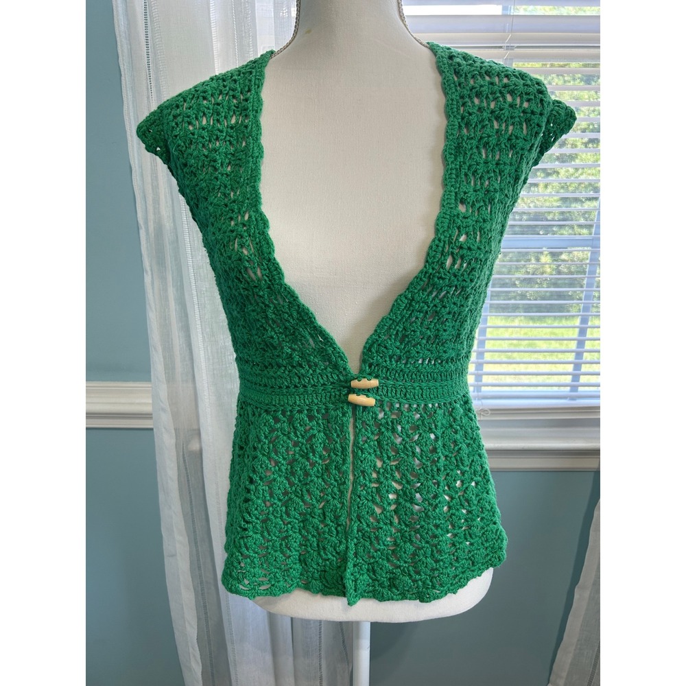 Chadwicks Green Crochet Vest Ramie Cotton Toggle Button Open Knit Womens Medium